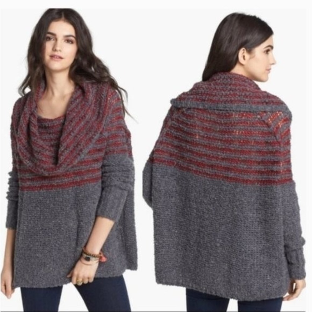 Free People Cowl Neck Sweater Gray with Red Stripes New With Tag Size Medium
